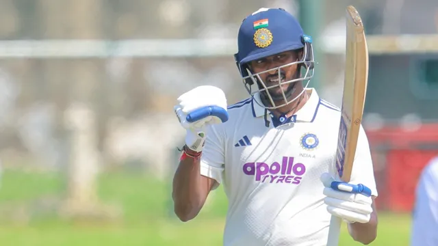 Sai Sudharsan celebrating his magnificent century during SL A vs IND A 1st Unofficial Test in Galle