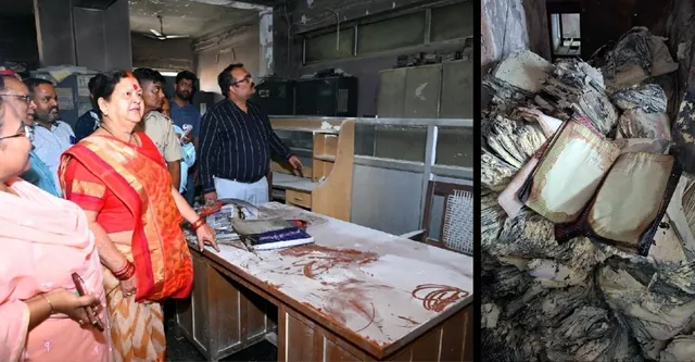 Firefighters and officials inspecting the damage after the major Kanpur Nagar Nigam Fire incident at the Motijheel headquarters.