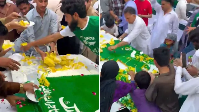 स्वतंत्रता दिवस पर बेकाबू हुई भीड़: पाकिस्तान में केक लूटने की मची होड़ और चल गईं बोतलें, वीडियो वायरल