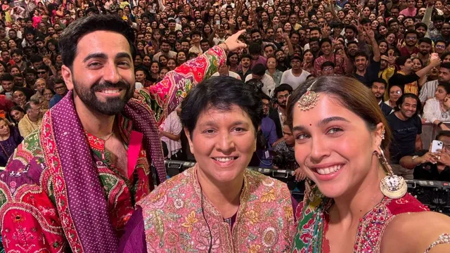 Ayushmann Khurrana Sharvari Wagh Garba celebration with Falguni Pathak in Mumbai.