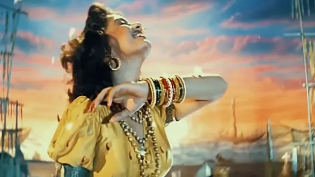 Actress Madhuri Dixit performing the iconic Lavani dance in the song Madhuri Dixit Humko Aajkal Hai Intezaar from movie Sailaab
